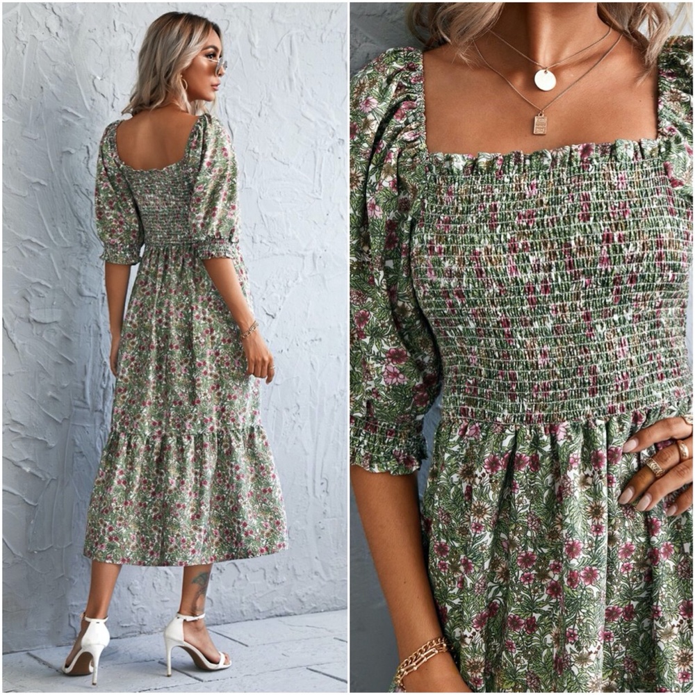 Boho floral print short sleeve maxi dress Ruffle - Picture 2 of 4